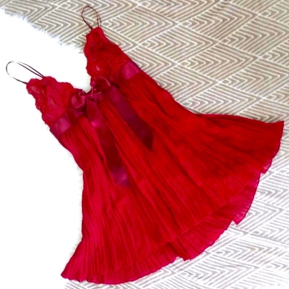 NEW Pleated Bow Babydoll Flyaway Lace Slip Red Large True Red - Picture 3 of 4